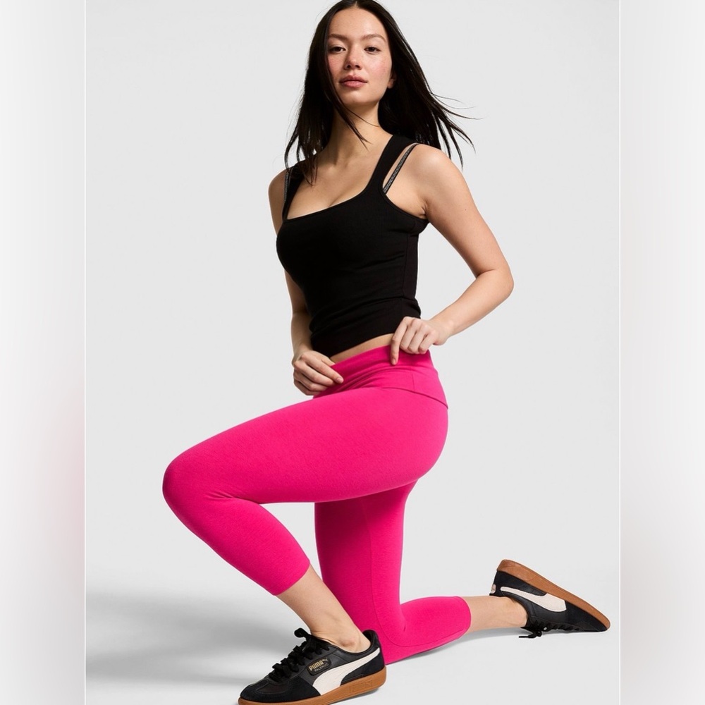 Victoria’s Secret PINK Bling Yoga Capri Leggings Hot Pink Fold Over NWT - Picture 3 of 8